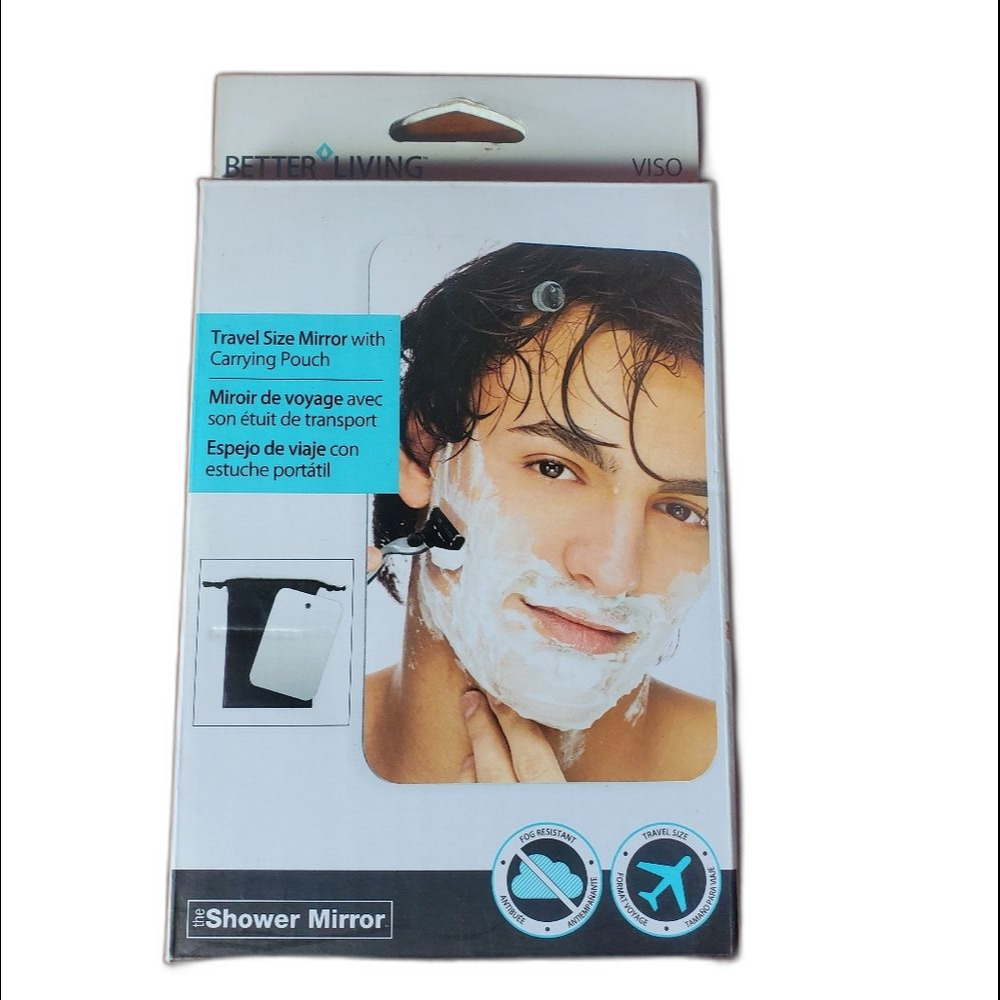 Frameless Travel Shower Mirror w/ Suction Cup & Carry Pouch Chrome Fog Resistant